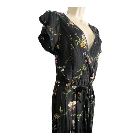 Urban Outfitters Marie Prairie Floral Wrap Jumpsuit Black 4 Boho wide leg Sheer - Picture 6 of 10